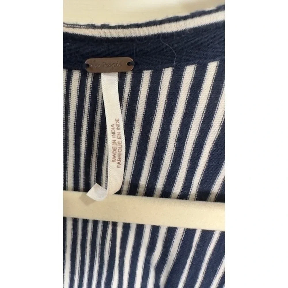 Free People Wrap Top Womens S Navy Blue Stripe Puff Sleeve Ruffle Cotton
